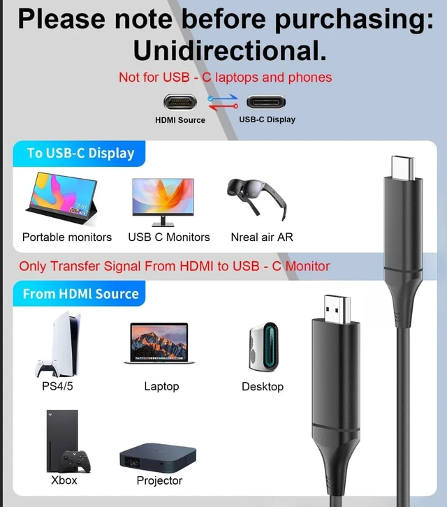Alt view image 4 of 4 - KEFEYA HDMI to USB C Cable for Laptop Screen Extender S1 S2 S3 S6 S8 P5 N2, HDMI to Type-C Cord for Laptop Monitor Extender