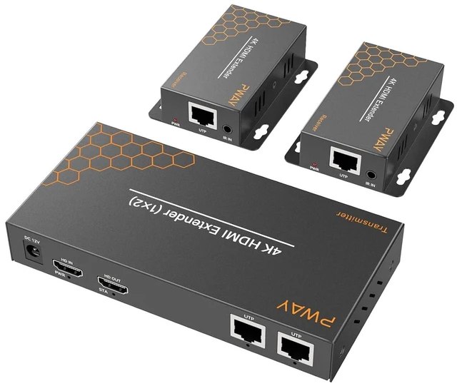 Main image of 4K HDMI Over Ethernet Extender Over CAT5/CAT6/CAT7 Up to 230Feet, with IR, Loop Out, 4K@ 30Hz 1080P HDMI Transmitter Receiver POC with Holes, Easy Installation (Black+Orange for Two)