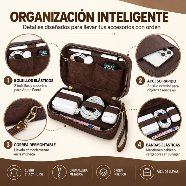 Alt view image 2 of 7 - CONTACTS Full Grain Leather Electronic Organizer Travel Tech Case Electronics Accessories Storage Box Portable Holder for for Charger, Cables, Power Bank, Mouse