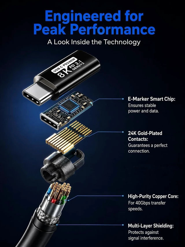 Alt view image 7 of 7 - USB C to C Cable 40FT,8K60HZ GEN2x2(Data usb2.0),USB TYPE C Video Output From USB3.2/ USB4.0 (NOT 100% Fast Charging) & Sync for Xreal MacBook Pro iPad Pro iPhone 15-16-17 Pro S22 Portable Monitor