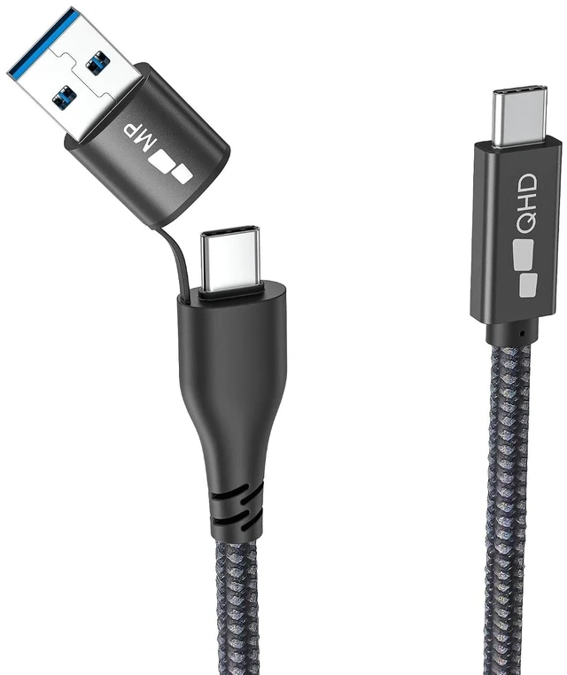 Main image of MP Mobile Pixels 2-in-1 Cable, Laptop Monitor Cable, Right Angle USB A/C Cables, 3A/5.0 Gbps Durable, Flexible, Tangle-Resistant Braided Nylon Cord (3ft, Black)