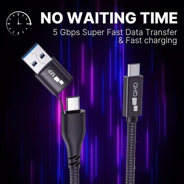 Alt view image 4 of 7 - MP Mobile Pixels 2-in-1 Cable, Laptop Monitor Cable, Right Angle USB A/C Cables, 3A/5.0 Gbps Durable, Flexible, Tangle-Resistant Braided Nylon Cord (3ft, Black)