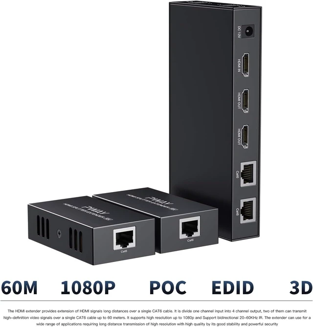 Alt view image 2 of 7 - HDMI Extender Splitter 1080p 3D 1x2 2 Port164Ft/50m Over CAT5e/CAT6/CAT7 with 2X HDMI Loop Out EDID One Power Supply (1 in 2 Out)