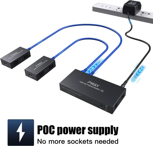 Alt view image 5 of 7 - HDMI Extender Splitter 1080p 3D 1x2 2 Port164Ft/50m Over CAT5e/CAT6/CAT7 with 2X HDMI Loop Out EDID One Power Supply (1 in 2 Out)