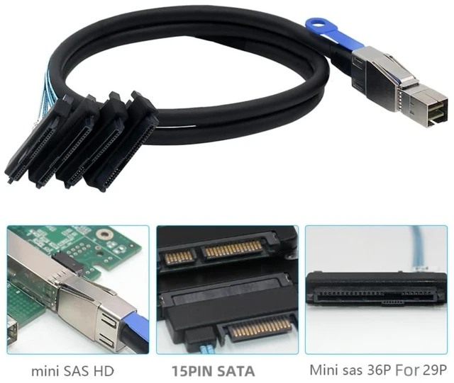 Alt view image 5 of 5 - Mini SAS HD SFF-8644 to 4X SFF-8482 29P+15Pin SATA /4PIN Power Cable for HDD Data Cable 1M (SFF-8644 to SFF-8482+15Pin)