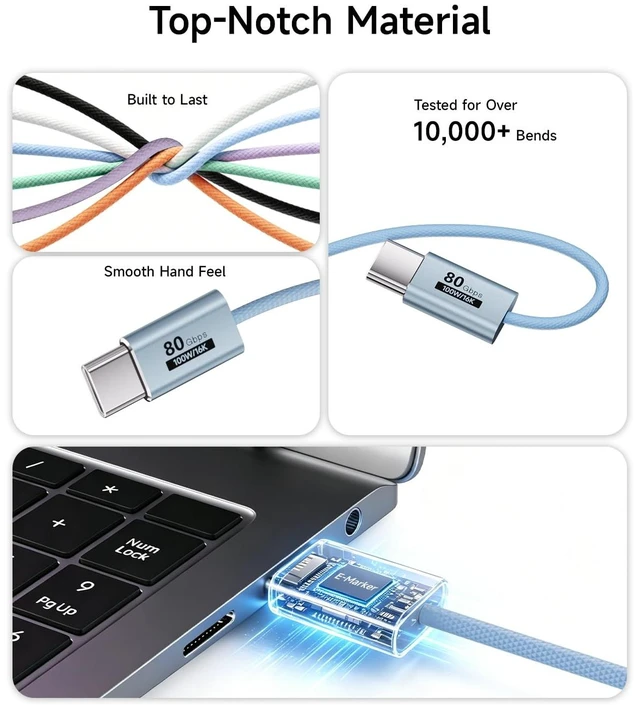 Alt view image 7 of 7 - (light blue,3.3FT/1M) 80Gbps USB C Data Cable Compatible with Thunderbolt 5/4/3,Slim Connector,Flexible USBC 100W Fast Charging,Video Cable 16K/8K/4K for iPhone 17/16 Series,MacBook and more.