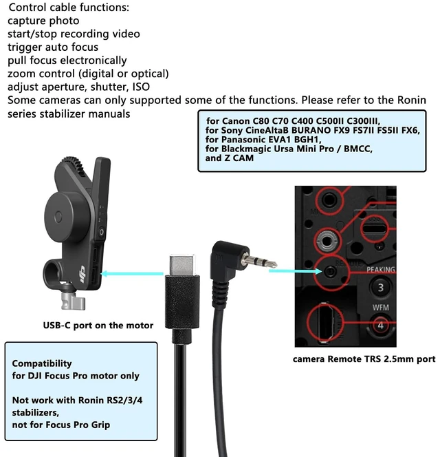 Alt view image 3 of 4 - HangTon Run Stop Control Cable USB-C LANC 2.5mm for DJI Focus Pro Motor to Sony CineAltaB FX9 FX6, Canon C500II C400 C70, Blackmagic BMCC URSA Mini Pro, Panasonic EVA1 BGH1, Z CAM Camera, 50cm