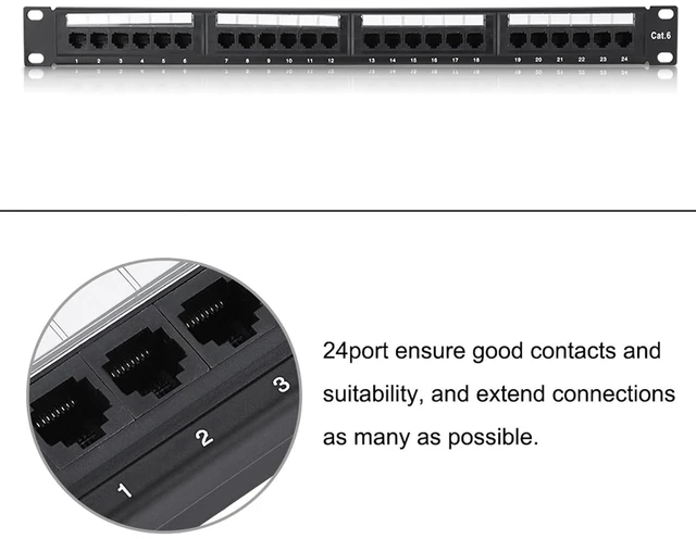 Alt view image 5 of 7 - CAT6 Patch Panel, 24 Port Rack Mount Cable Management Panel for High Speed Transmission in Data Centers and Home Offices, Black Metal Plastic 19 x 1.7 x 1.4 Inches