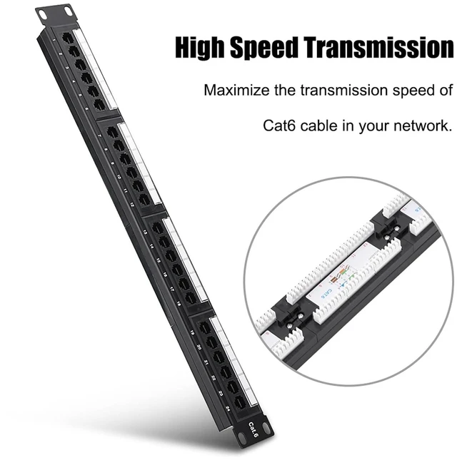 Alt view image 6 of 7 - CAT6 Patch Panel, 24 Port Rack Mount Cable Management Panel for High Speed Transmission in Data Centers and Home Offices, Black Metal Plastic 19 x 1.7 x 1.4 Inches