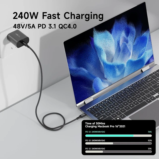 Alt view image 4 of 5 - 3m Coaxial USB-C to USB-C Cable 80Gbps 240W PD 3.1, Ultra-Flexible USB4 v2.0 Data Charging Cable with 16K@60Hz Video Output, Compatible with Thunderbolt 4/3, for Laptops, Monitors, SSDs, 10FT