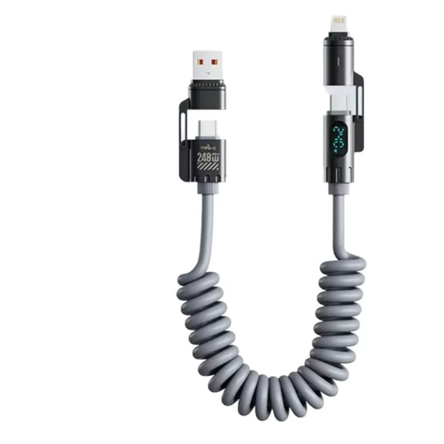 Alt view image 2 of 7 - 240W 4-in-1 Coiled Fast Charging Cable with LED Display, USB-A and Type-C to Type-C Compatible with Lightning, 2m, Zinc Alloy and TPU (Grey)
