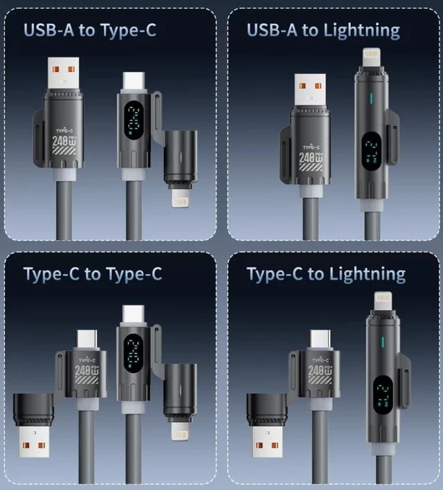 Alt view image 3 of 7 - 240W 4-in-1 Coiled Fast Charging Cable with LED Display, USB-A and Type-C to Type-C Compatible with Lightning, 2m, Zinc Alloy and TPU (Grey)