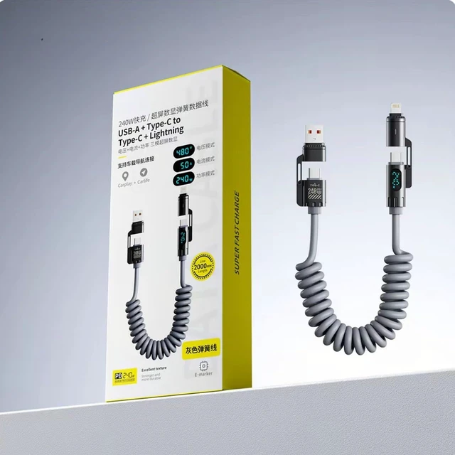 Main image of 240W 4-in-1 Coiled Fast Charging Cable with LED Display, USB-A and Type-C to Type-C Compatible with Lightning, 2m, Zinc Alloy and TPU (Grey)