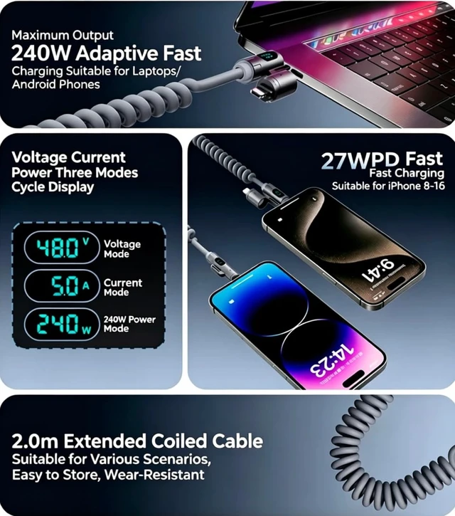 Alt view image 5 of 7 - 240W 4-in-1 Coiled Fast Charging Cable with LED Display, USB-A and Type-C to Type-C Compatible with Lightning, 2m, Zinc Alloy and TPU (Grey)