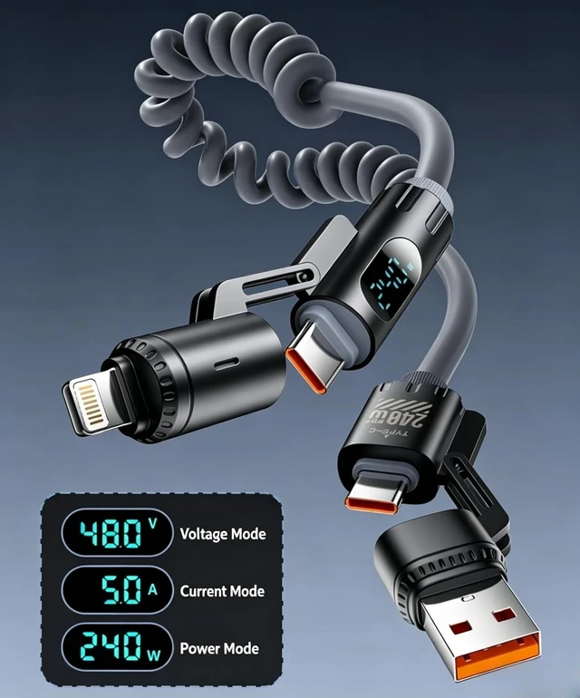 Alt view image 4 of 7 - 240W 4-in-1 Coiled Fast Charging Cable with LED Display, USB-A and Type-C to Type-C Compatible with Lightning, 2m, Zinc Alloy and TPU (Grey)