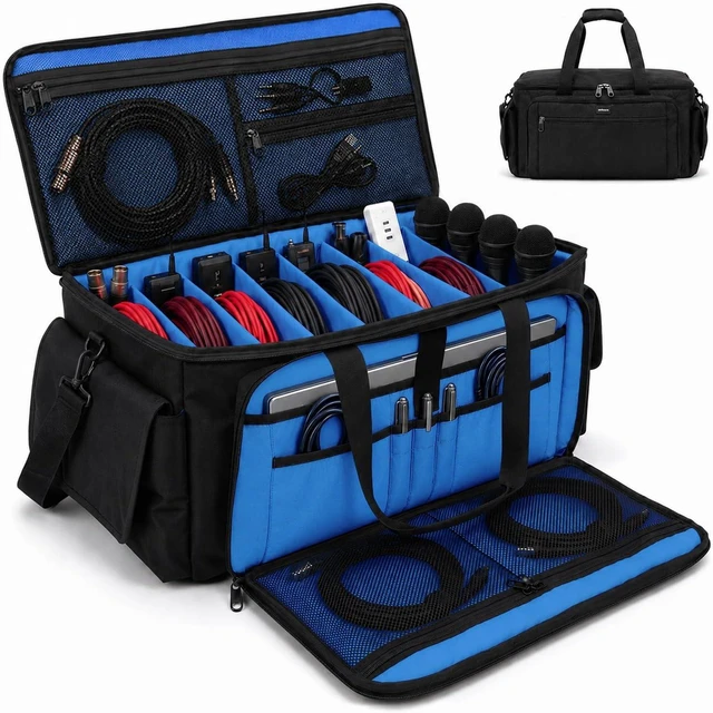 Main image of DJ Cable Bag, Large Capacity Cable Organizer with Laptop Pocket and Adjustable Dividers, Professional DJ Equipment Gig Bag for Musicians, Studio, Stage, Travel (Navy Blue)