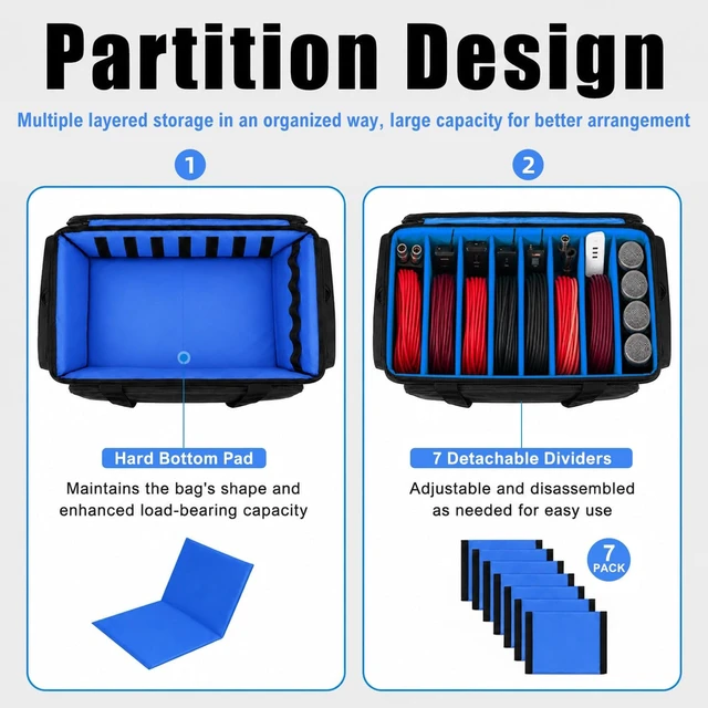 Alt view image 2 of 7 - DJ Cable Bag, Large Capacity Cable Organizer with Laptop Pocket and Adjustable Dividers, Professional DJ Equipment Gig Bag for Musicians, Studio, Stage, Travel (Navy Blue)