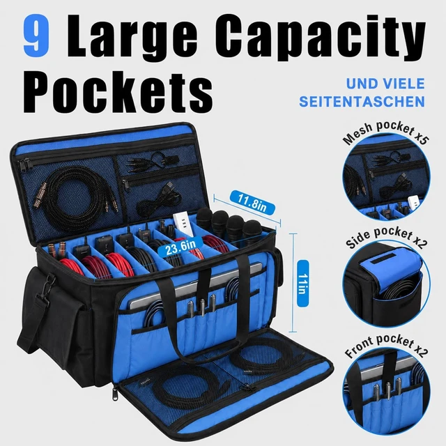 Alt view image 5 of 7 - DJ Cable Bag, Large Capacity Cable Organizer with Laptop Pocket and Adjustable Dividers, Professional DJ Equipment Gig Bag for Musicians, Studio, Stage, Travel (Navy Blue)