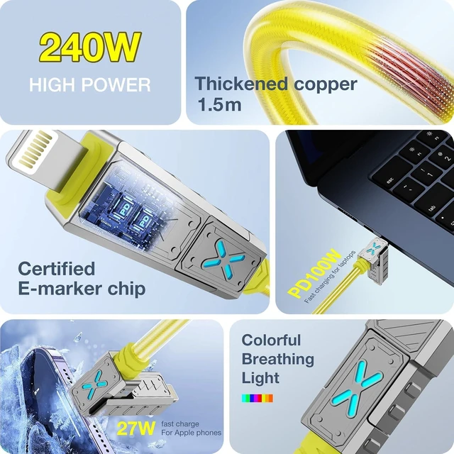 Alt view image 3 of 7 - 4-in-1 USB C to Lightning Cable 240W Fast Charging Cable USB to USB C Cord Compat. for iPhone Charger 5ft USB A to USB C Cord Compat. with iPhone 18 17 16 15 14 13 Pro Max iPad MacBook
