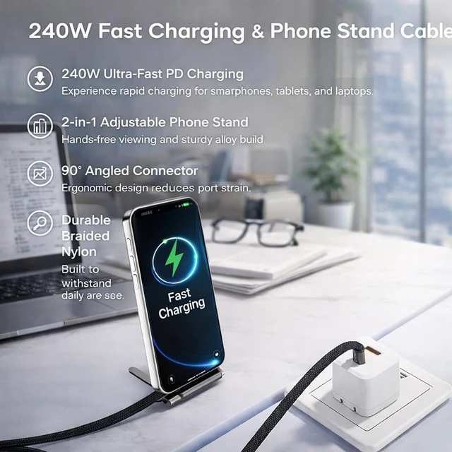 Alt view image 3 of 7 - LWW 240W USB-C to USB-C Fast Charging Cable with Built-in Phone Stand, Right Angle Braided Type-C Cord for iPhone 15, iPad, MacBook, Gaming & Desk Use, PD 3.1 Durable Charger, 3-Pack