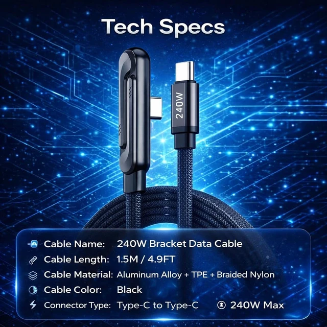 Alt view image 5 of 7 - LWW 240W USB-C to USB-C Fast Charging Cable with Built-in Phone Stand, Right Angle Braided Type-C Cord for iPhone 15, iPad, MacBook, Gaming & Desk Use, PD 3.1 Durable Charger, 3-Pack