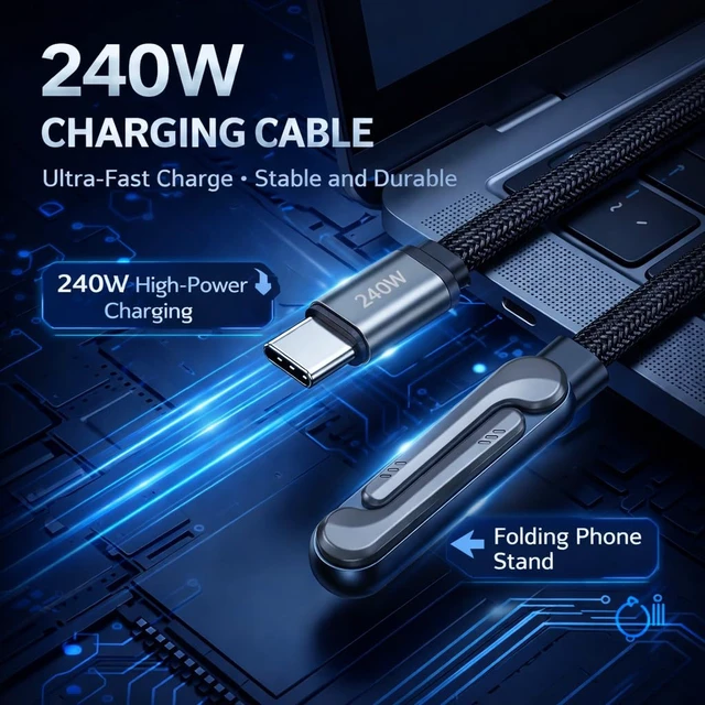 Alt view image 6 of 7 - LWW 240W USB-C to USB-C Fast Charging Cable with Built-in Phone Stand, Right Angle Braided Type-C Cord for iPhone 15, iPad, MacBook, Gaming & Desk Use, PD 3.1 Durable Charger, 3-Pack