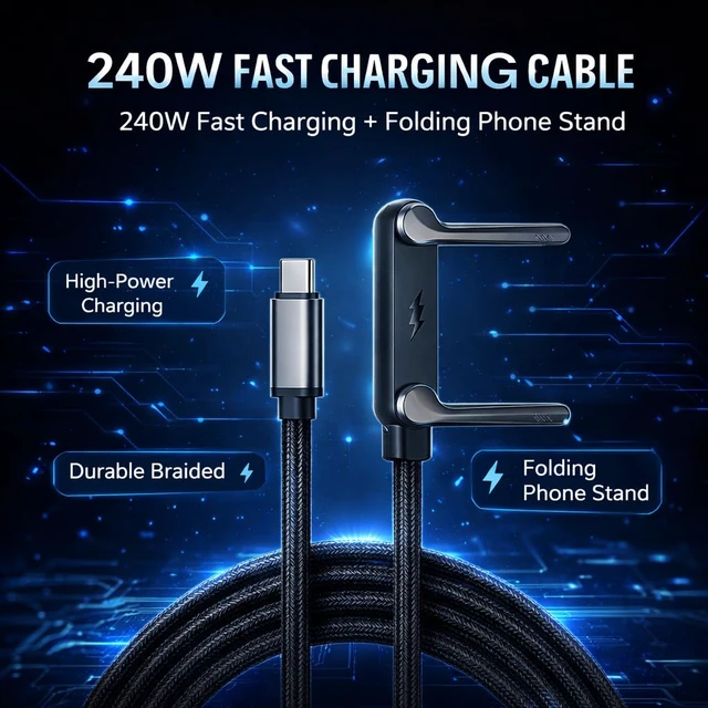 Alt view image 7 of 7 - LWW 240W USB-C to USB-C Fast Charging Cable with Built-in Phone Stand, Right Angle Braided Type-C Cord for iPhone 15, iPad, MacBook, Gaming & Desk Use, PD 3.1 Durable Charger, 3-Pack