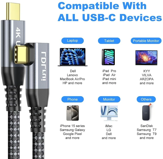 Alt view image 7 of 7 - 3FT Right Angle USB C Monitor Cable 3-Pack, 20Gbps, 4k@60HZ, 100W PD