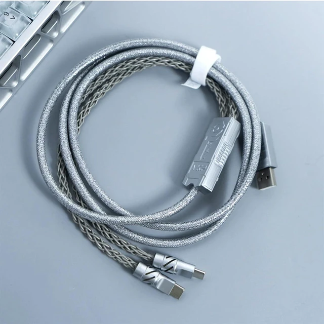 Main image of 2-IN-1 USB C Dual 8K Mechanical Keyboard Magnetic Axis Cable , 6mm Thick Braided RGB Flash Cable, No Interruption, Metal Plug for Mechanical Keyboards/Mice/Hubs, USB-C to USB-A,1.5Meter (Silvery)
