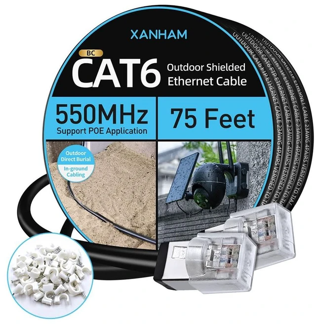 Main image of Cat6 Shielded Outdoor Ethernet Cable 75 Feet Waterproof and UV Resistant Direct Burial Jacket 23AWG Solid Copper Cat 6 FTP Network Cable, for POE and Internet Cabling Application
