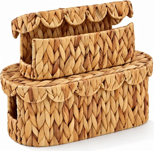 Main image of Patelai 2 Pcs Handmade Water Hyacinth Cable Organizer, Scalloped Cord Management Box, 16 × 6.5 x 6 Inch & 13 × 5 x 4.5 Inch Woven Wire Organizer for Home TV Wires Computer Router USB Hub Strips