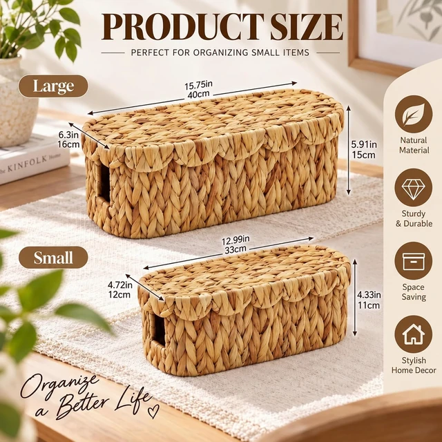 Alt view image 2 of 6 - Patelai 2 Pcs Handmade Water Hyacinth Cable Organizer, Scalloped Cord Management Box, 16 × 6.5 x 6 Inch & 13 × 5 x 4.5 Inch Woven Wire Organizer for Home TV Wires Computer Router USB Hub Strips
