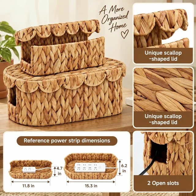 Alt view image 3 of 6 - Patelai 2 Pcs Handmade Water Hyacinth Cable Organizer, Scalloped Cord Management Box, 16 × 6.5 x 6 Inch & 13 × 5 x 4.5 Inch Woven Wire Organizer for Home TV Wires Computer Router USB Hub Strips