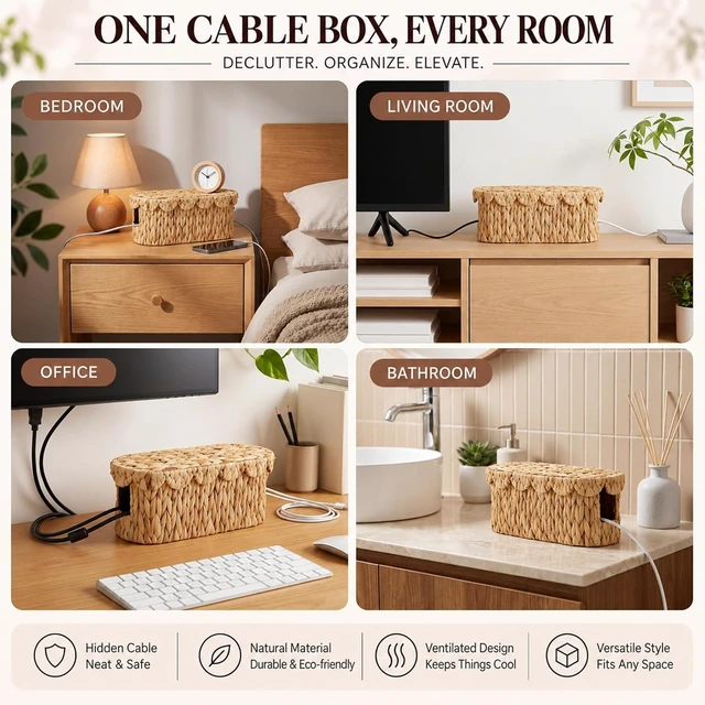 Alt view image 6 of 6 - Patelai 2 Pcs Handmade Water Hyacinth Cable Organizer, Scalloped Cord Management Box, 16 × 6.5 x 6 Inch & 13 × 5 x 4.5 Inch Woven Wire Organizer for Home TV Wires Computer Router USB Hub Strips