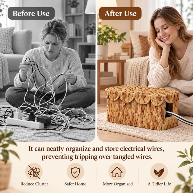 Alt view image 4 of 6 - Patelai 2 Pcs Handmade Water Hyacinth Cable Organizer, Scalloped Cord Management Box, 16 × 6.5 x 6 Inch & 13 × 5 x 4.5 Inch Woven Wire Organizer for Home TV Wires Computer Router USB Hub Strips