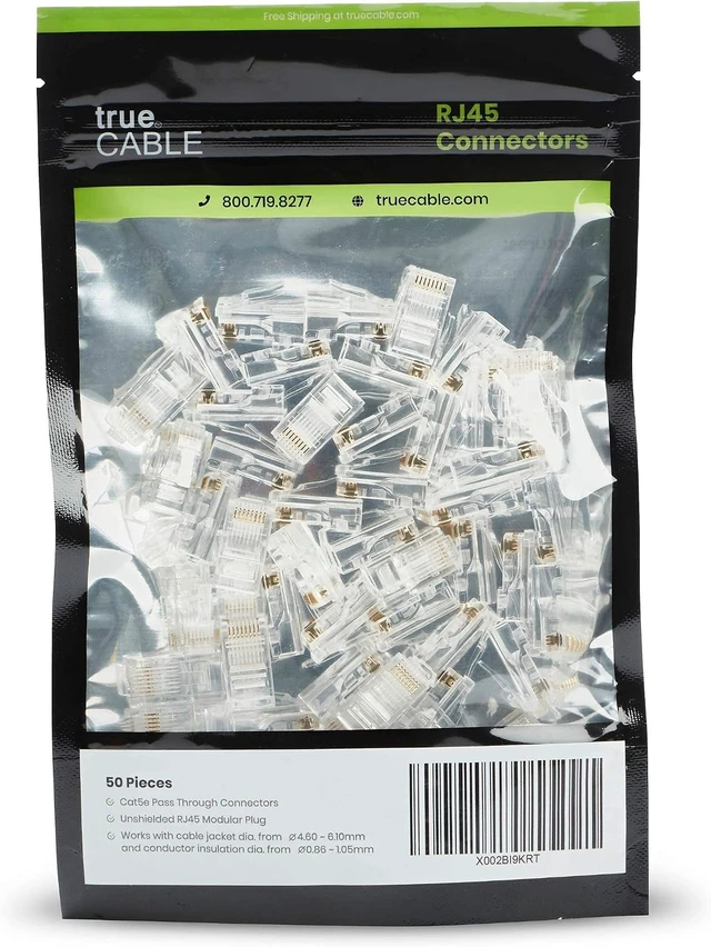 Alt view image 2 of 7 - trueCABLE Cat5e RJ45 Pass Through Connectors, Unshielded (UTP) Modular Plug, UL Listed, EZ Crimp End, Gold Plated 3 Prong 8P8C, 50 Pieces
