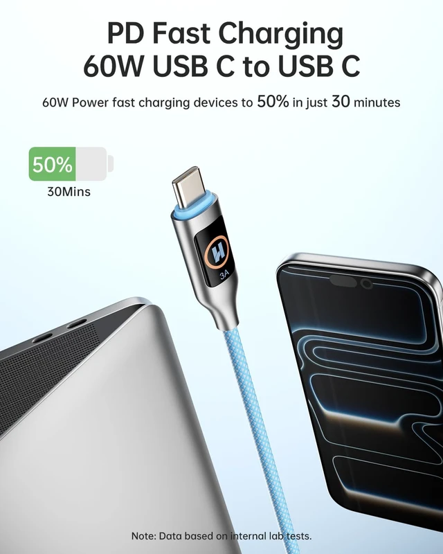 Alt view image 2 of 7 - Hichain USB C to USB C Cable, Type-C 60W Fast Charging Cable 2 Pack, Phone Charger Cord Type C for iPhone 17/16/15, Android/Galaxy/iPad/MacBook - Blue 2P / 4 FT