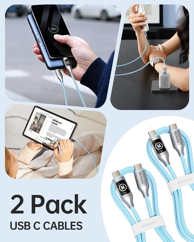 Alt view image 5 of 7 - Hichain USB C to USB C Cable, Type-C 60W Fast Charging Cable 2 Pack, Phone Charger Cord Type C for iPhone 17/16/15, Android/Galaxy/iPad/MacBook - Blue 2P / 4 FT
