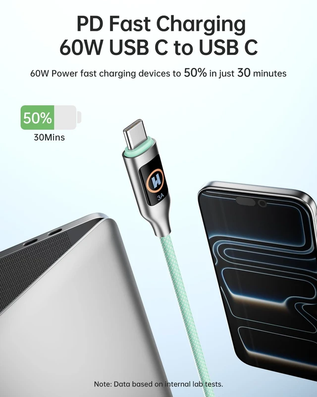 Alt view image 2 of 7 - Hichain USB C to USB C Cable, Type-C 60W Fast Charging Cable 2 Pack, Phone Charger Cord Type C for iPhone 17/16/15, Android/Galaxy/iPad/MacBook - LightGreen 4 FT + 6.6 FT
