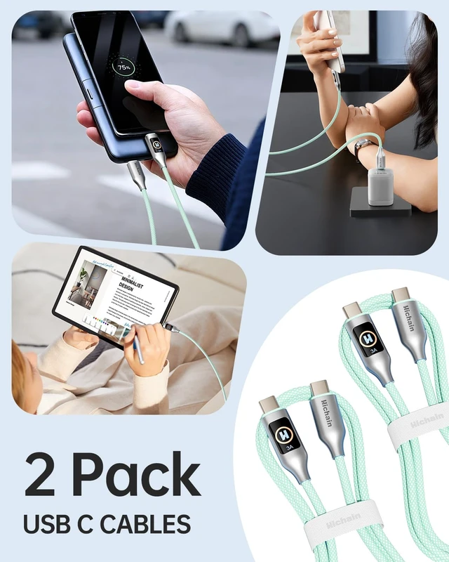 Alt view image 5 of 7 - Hichain USB C to USB C Cable, Type-C 60W Fast Charging Cable 2 Pack, Phone Charger Cord Type C for iPhone 17/16/15, Android/Galaxy/iPad/MacBook - LightGreen 4 FT + 6.6 FT