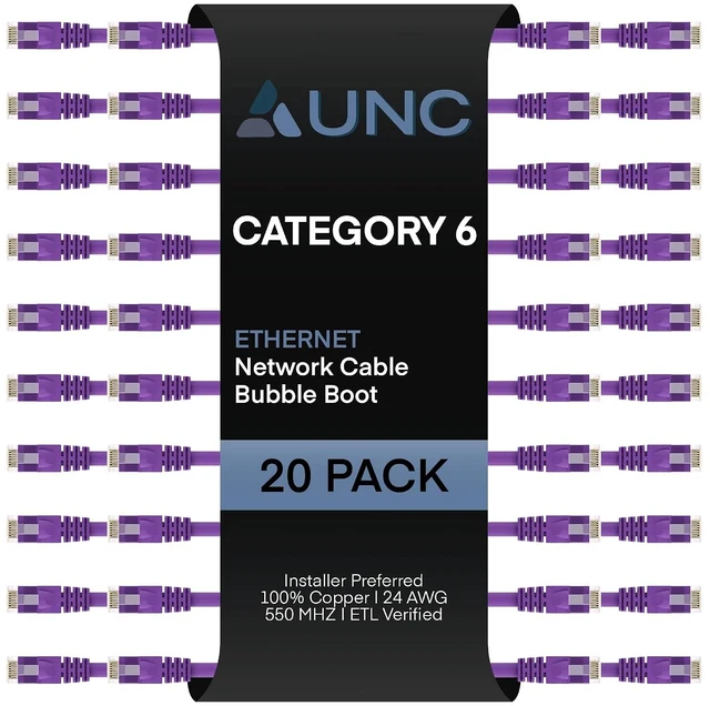 Main image of uCore 20 Pack - 10ft Cat 6 Ethernet Cable Bubble Boot, 24AWG, Booted, Cat6 Patch Cable, Molded, Cat6 Patch Cord, 10 Foot, Purple