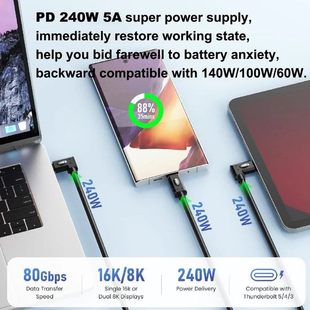 Alt view image 3 of 7 - 3.3ft USB 5.0 Type C Cable, Bidirectional 80Gbps, 240W PD Charging, 16K@60Hz Video, Straight to Up Down Angle Male Cord for Thunderbolt 5/4/3, eGPUs, Support Dual 8K@144Hz Monitor