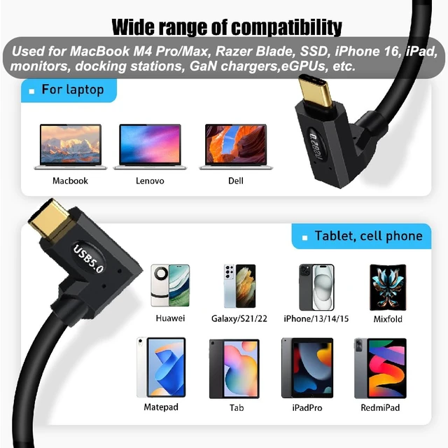 Alt view image 7 of 7 - 3.3ft USB 5.0 Type C Cable, Bidirectional 80Gbps, 240W PD Charging, 16K@60Hz Video, Straight to Up Down Angle Male Cord for Thunderbolt 5/4/3, eGPUs, Support Dual 8K@144Hz Monitor