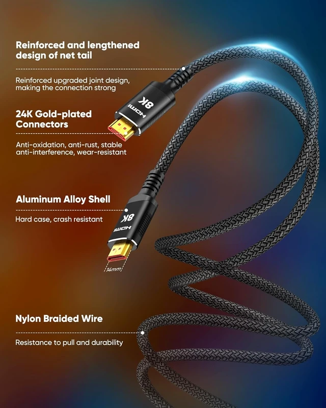 Alt view image 7 of 7 - Snowkids 8K Long HDMI Cable 40 ft, Non-Slip Nylon Braided, 48Gbps Ultra High-Speed HDMI Cables Cord, 10K 8K@60Hz, 4K@120Hz Compatible for TV/PS-5/X-box/Projector/Sound System & More
