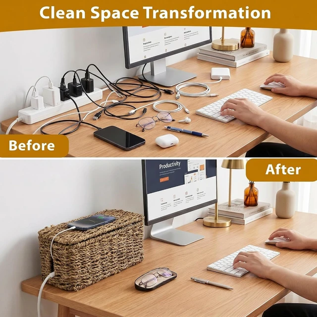 Alt view image 3 of 7 - 2 Pack Handwoven Cable Management Box with Lid, Decorative Cord Organizer for Power Strips, Chargers, TV Wires, Desk, Home & Office Storage, Natural Sea Grass