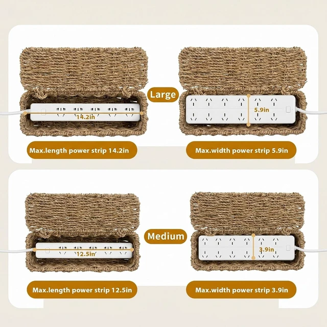Alt view image 4 of 7 - 2 Pack Handwoven Cable Management Box with Lid, Decorative Cord Organizer for Power Strips, Chargers, TV Wires, Desk, Home & Office Storage, Natural Sea Grass