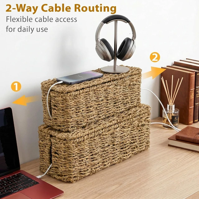 Alt view image 5 of 7 - 2 Pack Handwoven Cable Management Box with Lid, Decorative Cord Organizer for Power Strips, Chargers, TV Wires, Desk, Home & Office Storage, Natural Sea Grass