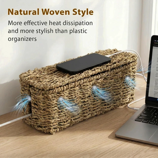 Alt view image 6 of 7 - 2 Pack Handwoven Cable Management Box with Lid, Decorative Cord Organizer for Power Strips, Chargers, TV Wires, Desk, Home & Office Storage, Natural Sea Grass