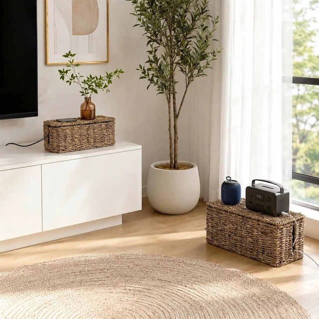 Alt view image 7 of 7 - 2 Pack Handwoven Cable Management Box with Lid, Decorative Cord Organizer for Power Strips, Chargers, TV Wires, Desk, Home & Office Storage, Natural Sea Grass