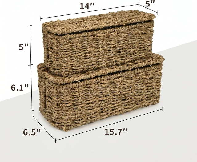 Alt view image 2 of 7 - 2 Pack Handwoven Cable Management Box with Lid, Decorative Cord Organizer for Power Strips, Chargers, TV Wires, Desk, Home & Office Storage, Natural Sea Grass